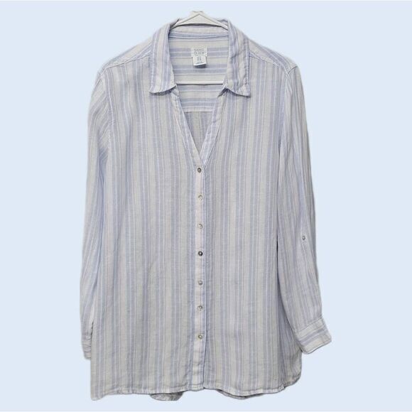 Sigrid Olsen Tops - Sigrid Olsen‎ 100% Linen Shirt 1X Blue White Stripe Button Up Oversized Slouchy